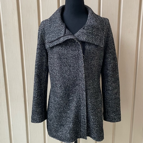 Ann Taylor Petite • Wool Blend Coat Black Gray Funnel Neck Zip Up Mid Length - Picture 2 of 10